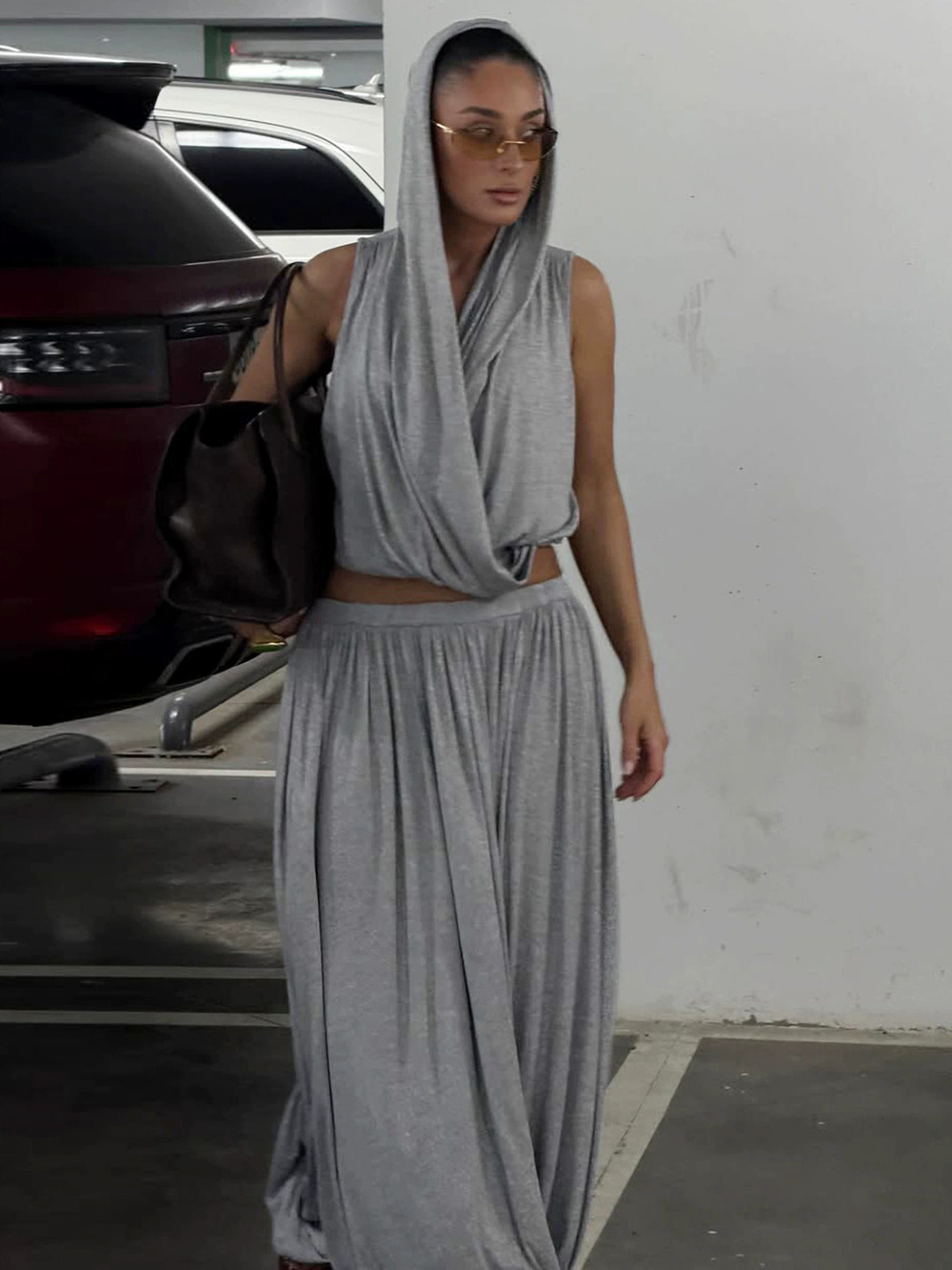 Zara Fall Solid Color Hooded Long Sleeve Top Pleated Loose Long Skirt Set